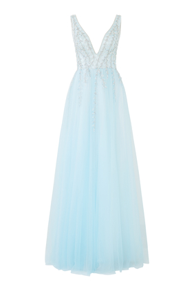 Sleeveless Embellished Tulle Gown