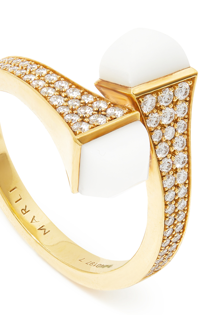 Cleo Midi Ring, 18k Yellow Gold White Agate & Diamonds
