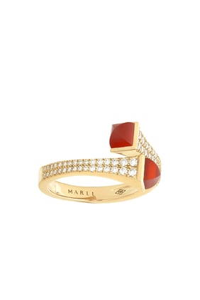 Cleo Slim Ring, 18k Yellow Gold with Red Coral & Diamonds