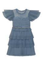 Kids Blue Dot Mesh Trim Midi Dress