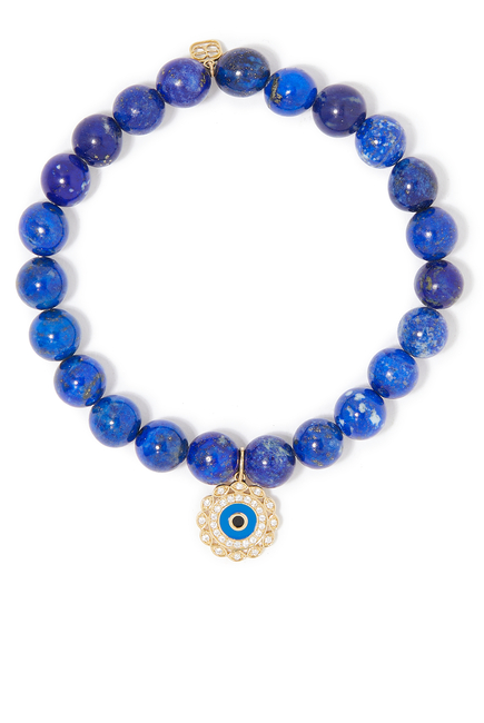 Evil Eye Beaded Bracelet, 14k Yellow Gold & Diamonds, Enamel, Beads, Marquise Eye Border Charm