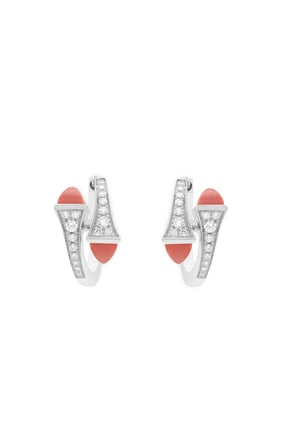 Cleo Huggie Earrings, 18k White Gold with Pink Coral & Diamonds