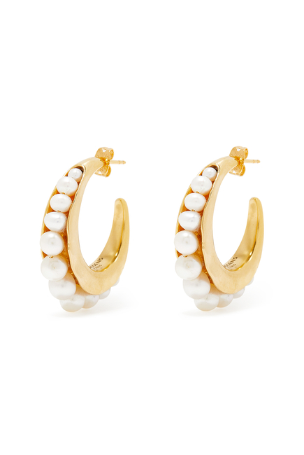 Creoles Hoop Earrings, 24K Gold-Plated Brass & Pearls