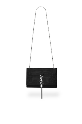 Kate Medium Tassel Chain Bag in Crocodile-Embossed Shiny Leather