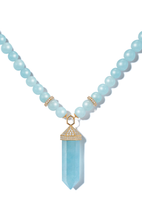 Chakra Large Vertical Beaded Necklace, 18k Yellow Gold with Diamonds & Aquamarine