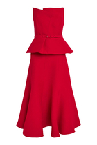 Strapless Wool Silk Peplum Midi Dress