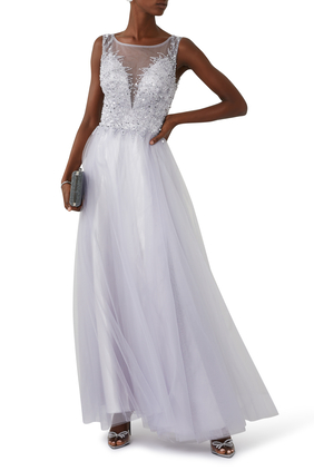 Sleeveless Sequin Embroidered Tulle Gown