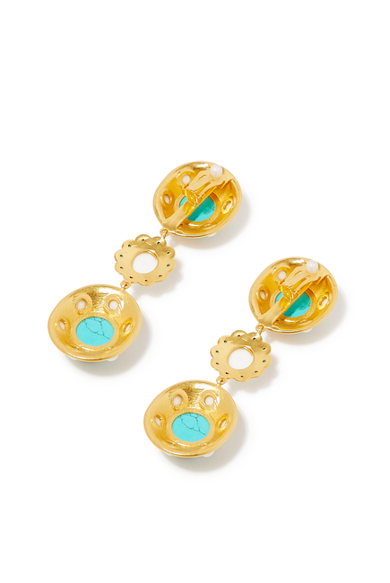 Amara Earrings, 24k Yellow Gold-Plated Brass, Turquoise & White Cabochons