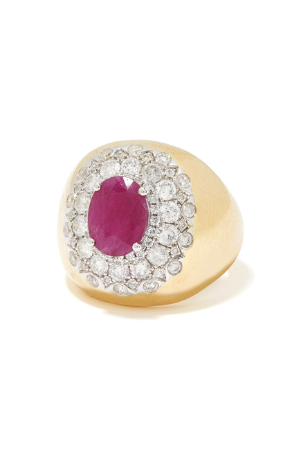 Pompadour Signet Ring, 18k Yellow Gold, Ruby & Diamonds