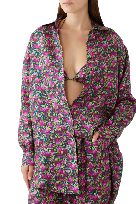 Floral Print Silk Shirt And Bra Set