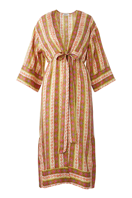 Caftan Dress with Flower Stripes Print