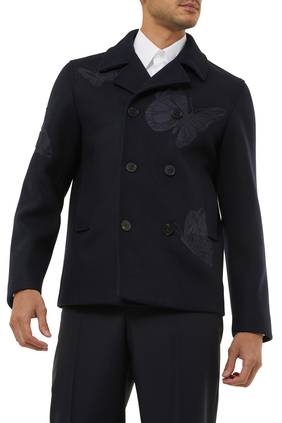 Wool Pea Coat with Valentino Utopia Butterfly Embroidery