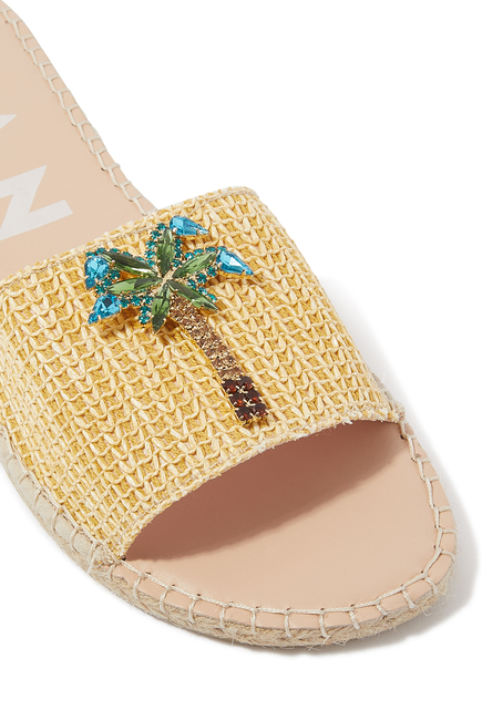 Palm-Embellished Raffia Espadrilles Slides