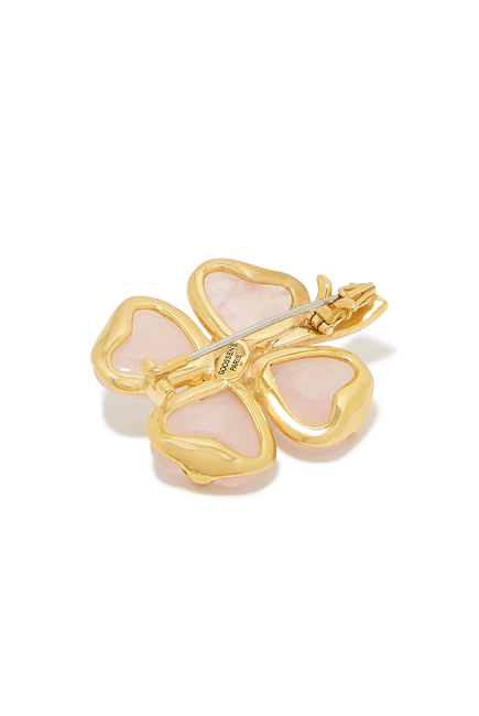 Trefle Clover Brooch, 24k Gold-Plated Brass with Pearl & Pink Quartz