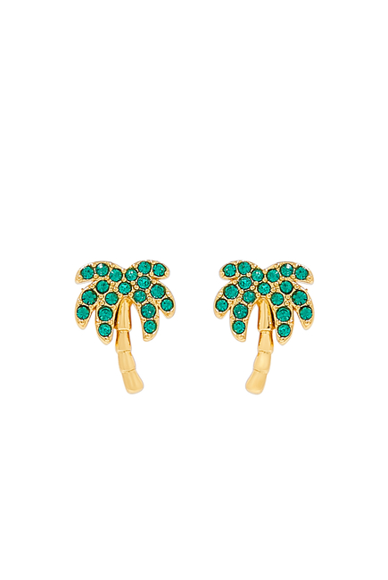 Away We Go Pave Palm Tree Earrings, Alloy, Plating, Titanium Post & Glass Stone, Cubic Zirconia