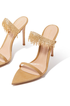 Soleil Pearl 105 Embellished Metallic Leather Double Strap Mules