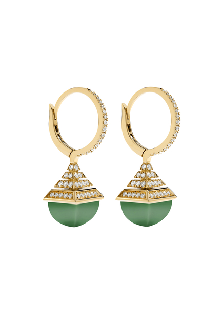 Cleo  Mini Rev Drop Earrings, 18k Yellow Gold with Green Agate & Diamonds