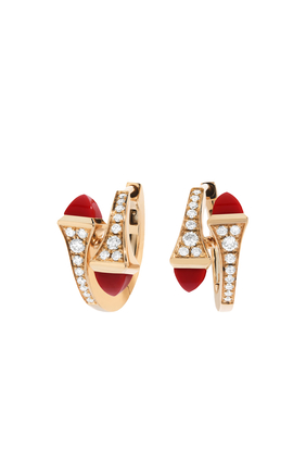 Cleo Huggie Earrings, 18k Pink Gold with  Red Coral & Diamonds