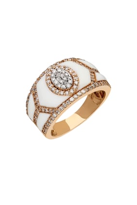 Shield Ring, 18k Pink Gold with White Enamel and Diamonds