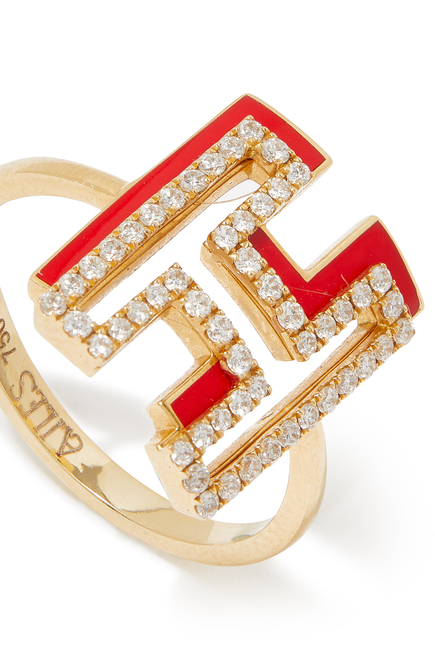 Letter H Silhouette Ring, 18k Yellow Gold with Diamonds