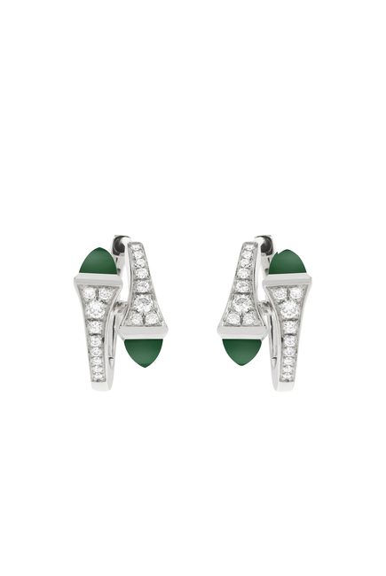 Cleo  Huggie Earrings, 18k White Gold with Green Agate & Diamonds