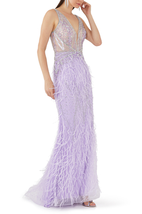 Sleeveless Sequin-Embellished Gown with Feathers