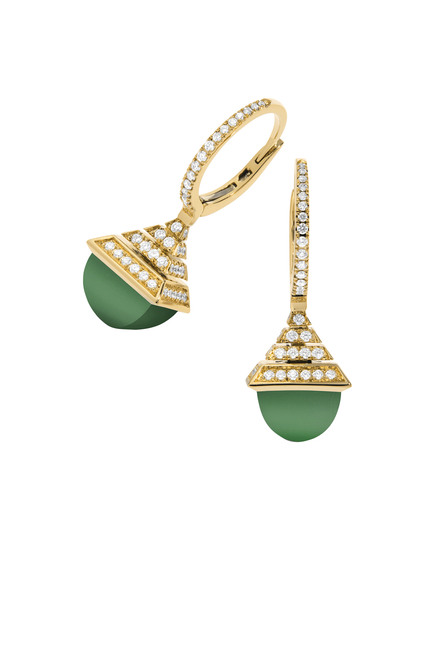 Cleo  Mini Rev Drop Earrings, 18k Yellow Gold with Green Agate & Diamonds