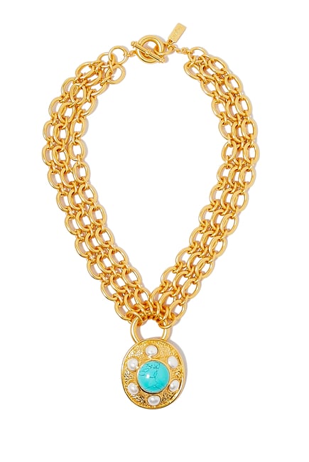 Vivienne Necklace, 24k Yellow Gold-Plated Brass, Turquoise & Pearls