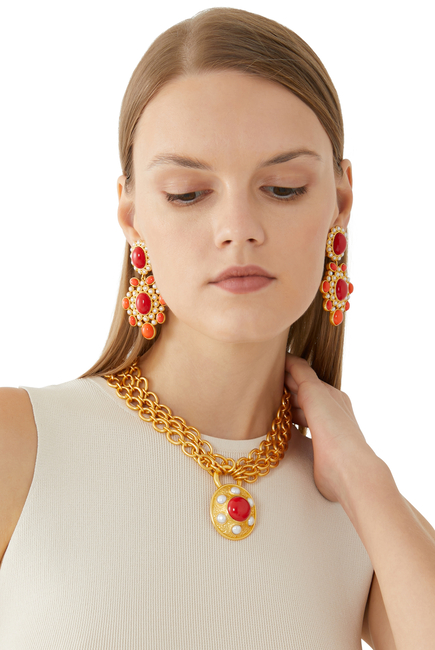 Isola Earrings, 24k Yellow Gold-Plated Brass, Coral & Pearls