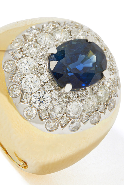 Pompadour Signet Ring, 18k Yellow Gold, Sapphire & Diamonds