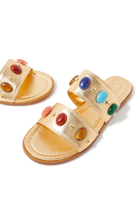 Shanti Metallic Leather Stone Embellished Flat Sandals