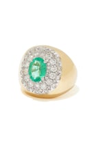 Pompadour Signet Ring, 18k Yellow Gold with Emerald & Diamonds