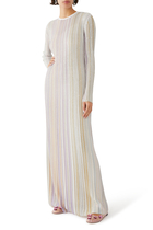 Sequin-Embellished Striped Pleated Maxi Dress
