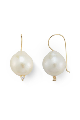 French Wire Baroque Pearl and Diamond Earrings