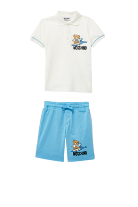 Teddy Print Polo Shirt & Shorts Set