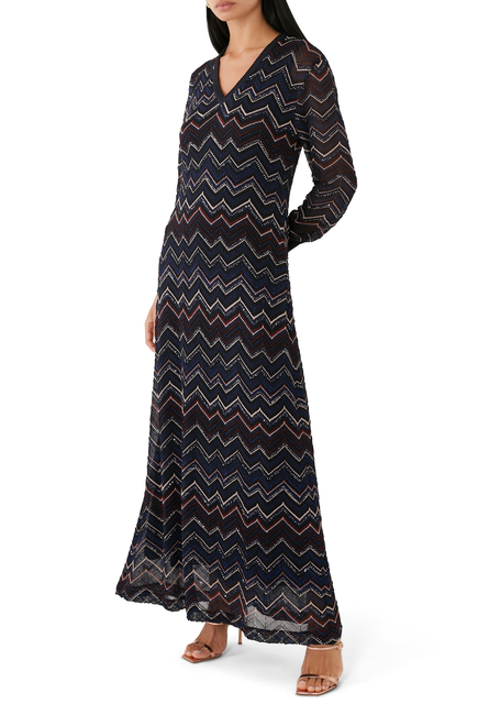 Zigzag Knit V-Neck Long Dress
