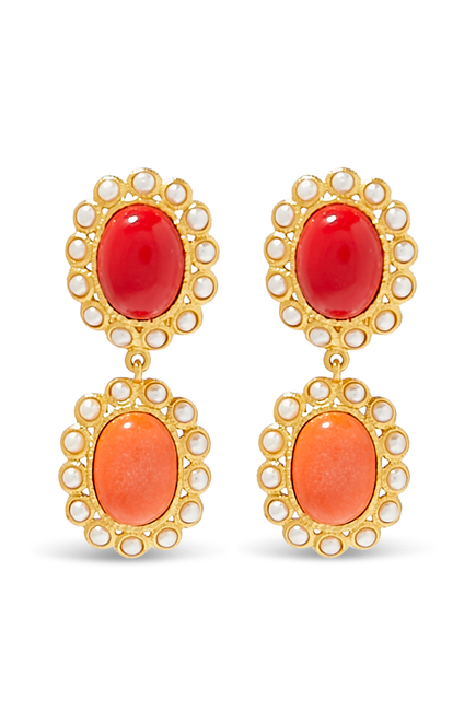 Ada Earrings, 24k Yellow Gold-Plated Brass, Pearls & Coral