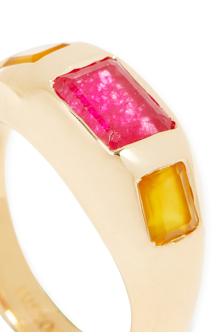 Good Vibes Triple Gemstone Statement Ring, 18K Gold-Plated Brass with Chalcedony & Quartz