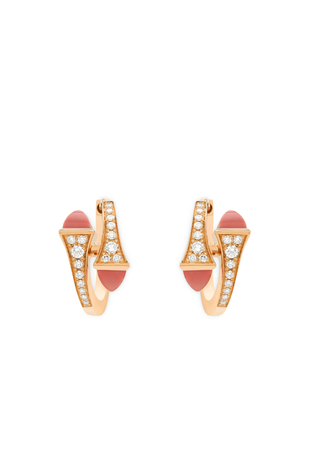 Cleo Huggie Earrings, 18k Rose Gold with  Pink Coral & Diamonds