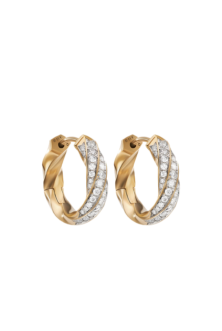 Cable Edge Huggie Hoop Earrings, Recycled 18K Yellow Gold & Diamond