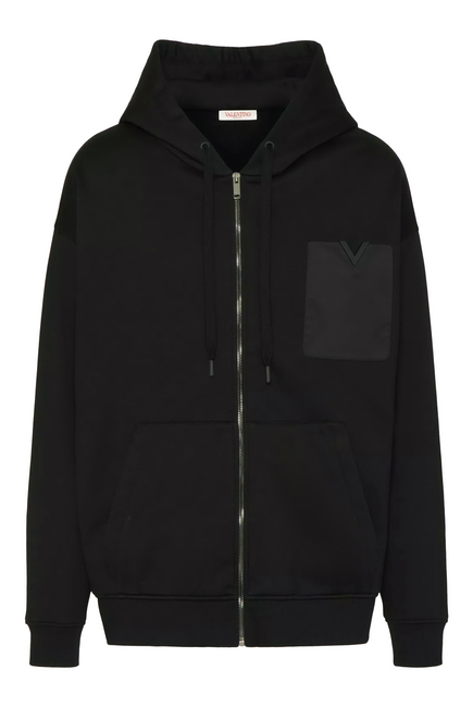 V Detail Technical Cotton Hooded Sweatshirt