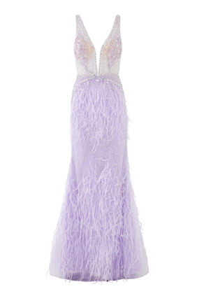 Sleeveless Sequin-Embellished Gown with Feathers
