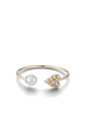 Small Diamond Heart and Pearl Ring