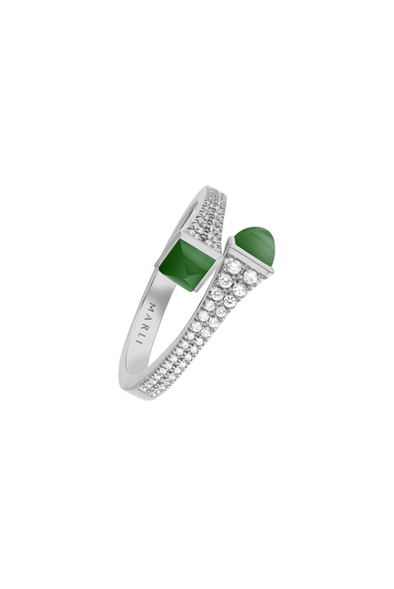Cleo Slim Ring, 18K White Gold with Green Agate & Diamonds