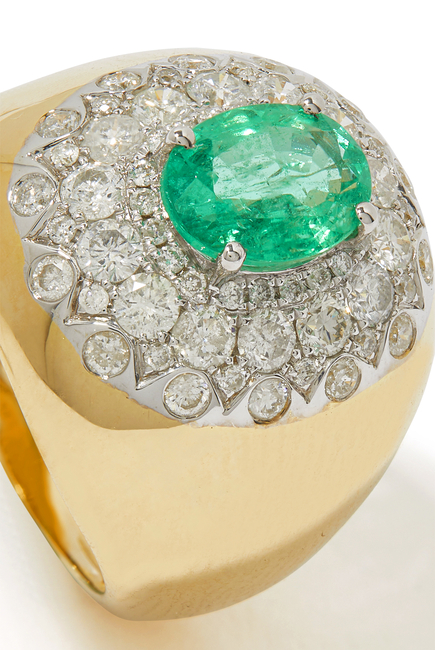 Pompadour Signet Ring, 18k Yellow Gold with Emerald & Diamonds