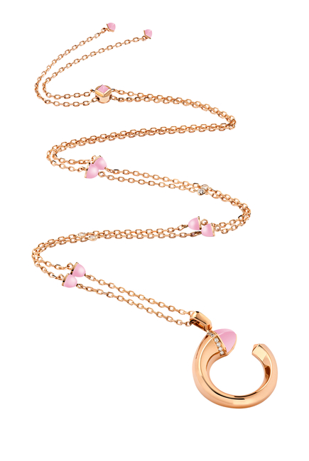 Cleo Venus Midi Long Chain Pendant, 18k Rose Gold, Pink Coral & Diamond