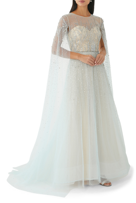 Embellished Cape-sleeve Tulle Gown