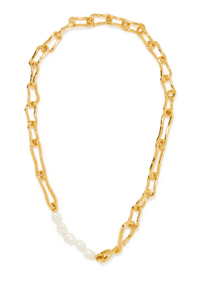 Molten Knot Pearl Link Necklace, 18K Gold Plated Brass & Pearls