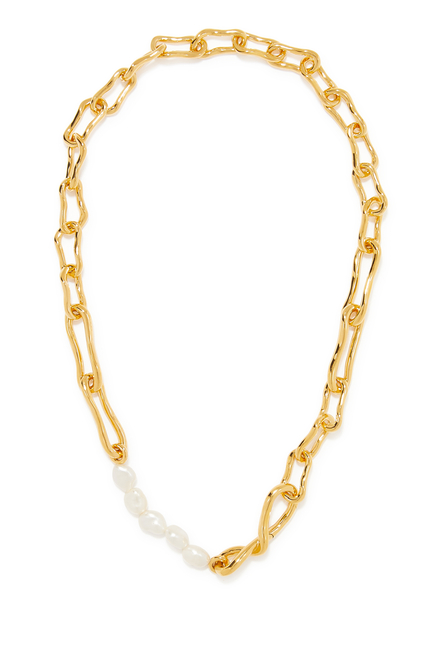 Molten Knot Pearl Link Necklace, 18K Gold Plated Brass & Pearls