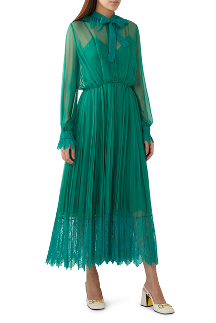 Silk Chiffon Dress with Lace Trim
